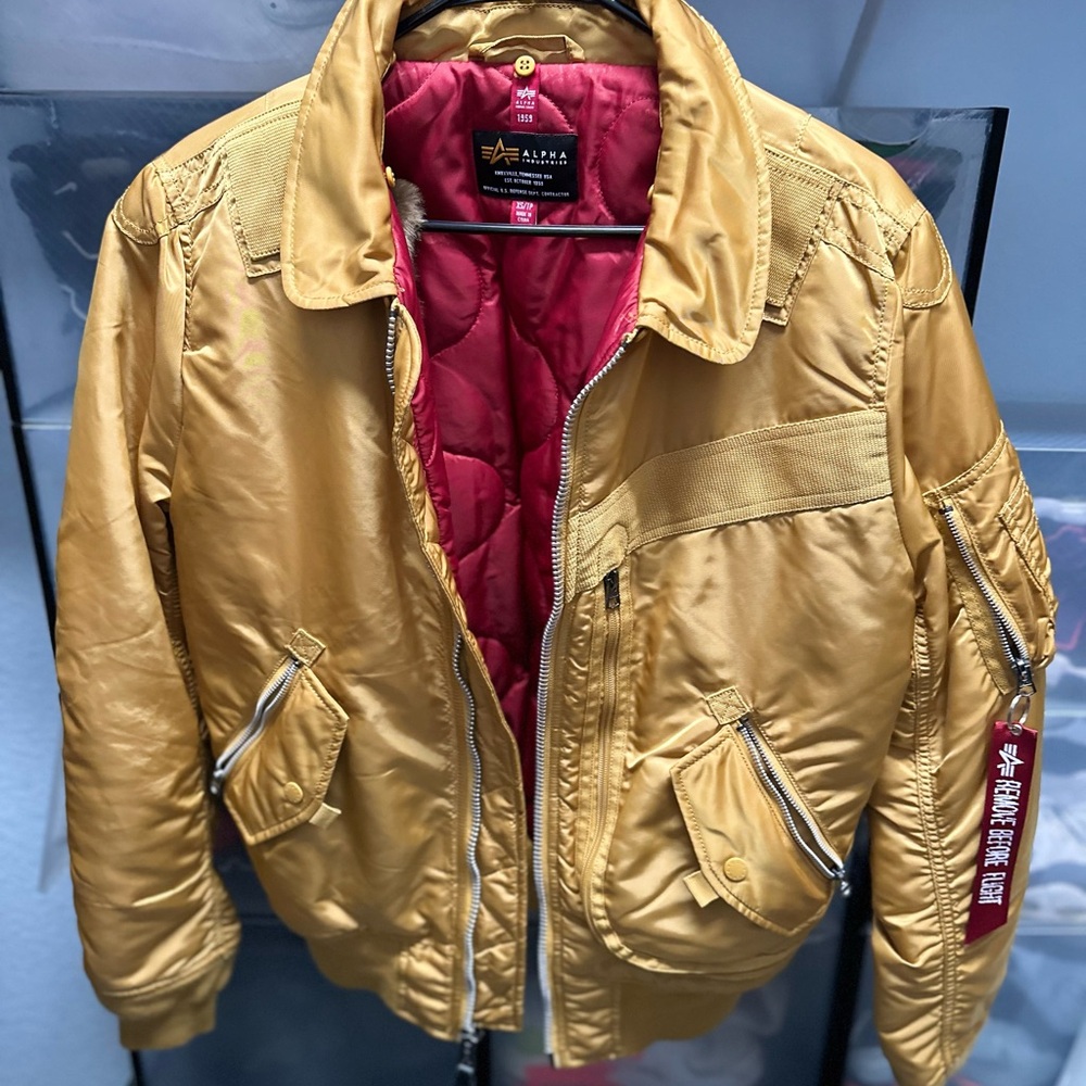 Alpha Industries Gold Bomber Jacket with Red Lining